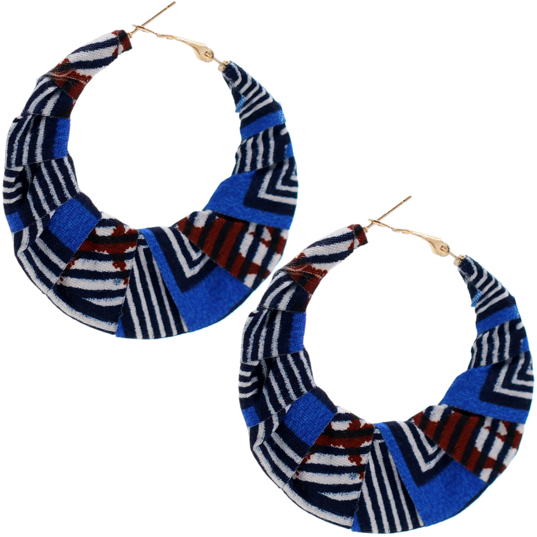 Blue Brown Fabric Wrapped Hoop Earrings