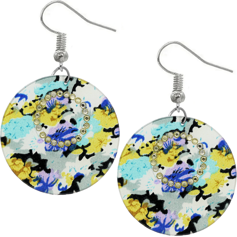 Blue Multicolor Floral Pattern Thin Disk Earrings