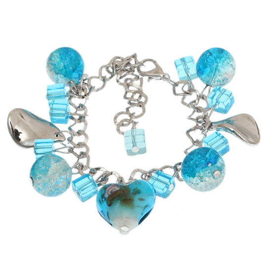 Blue Murano Glass Heart Charm Chain Link Bracelet