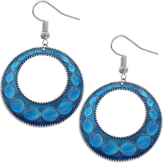 Blue Glossy Open Circle Thin Metal Earrings