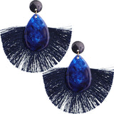 Blue Oval Fan Tassel Earrings