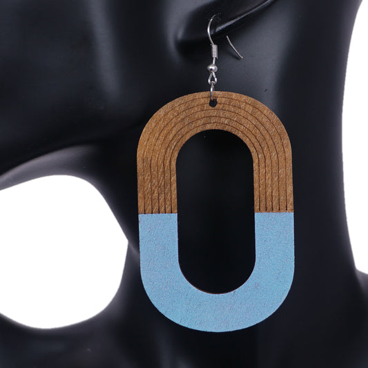 Blue Oval Wooden Dangle Earrings