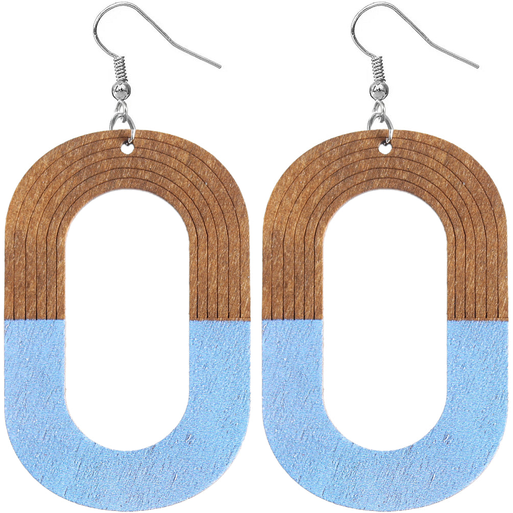 Blue Oval Wooden Dangle Earrings
