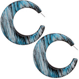 Blue Abstract Painted Wooden Hoop Earrings