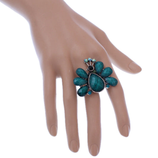 Blue Large Beaded Peacock Adjustable Ring