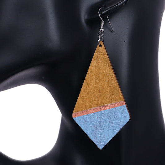 Blue Wooden Geometric Pentagon Dangle Earrings