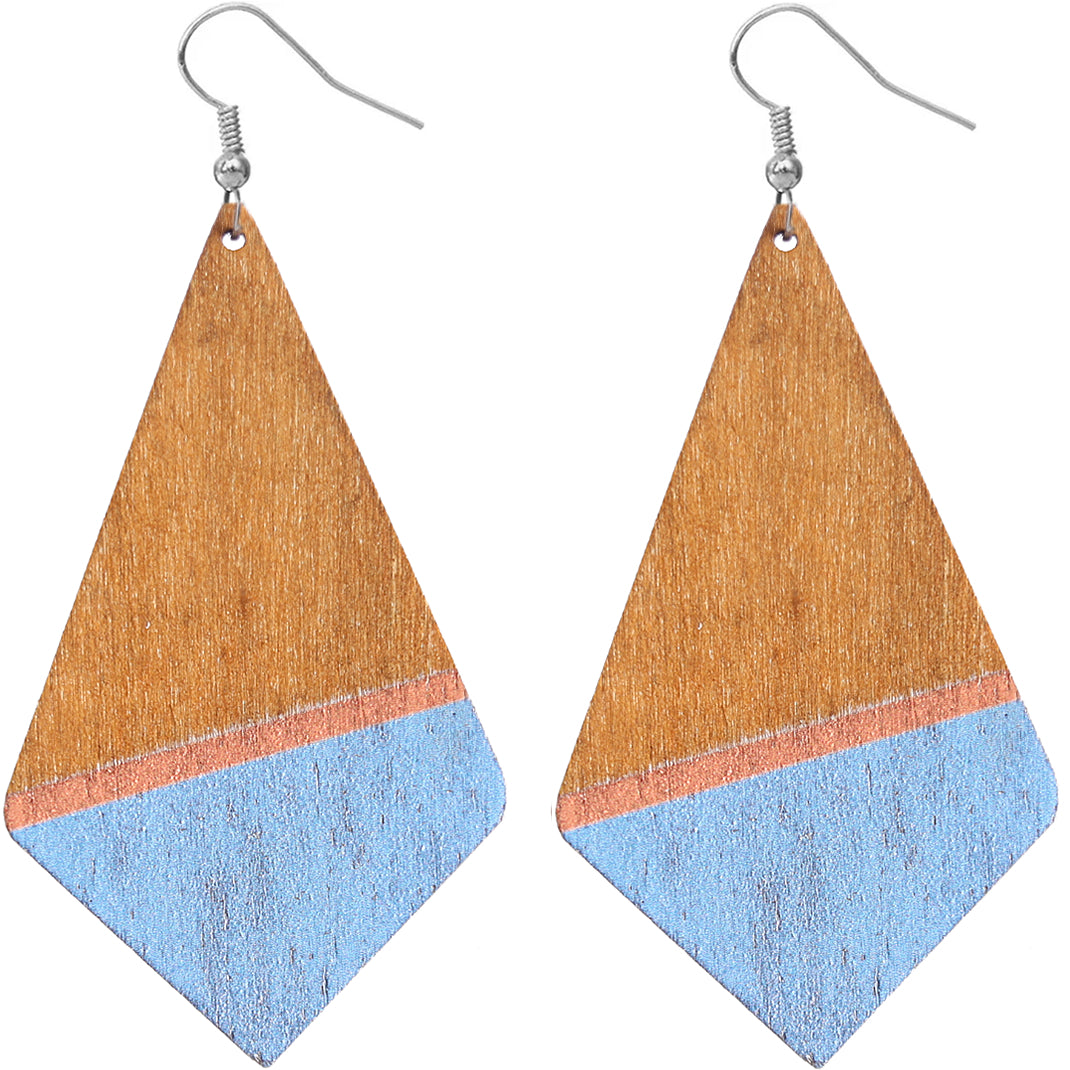 Blue Wooden Geometric Pentagon Dangle Earrings