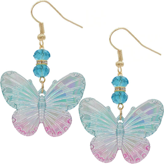 Blue Pink Bead Ombre Butterfly Earrings