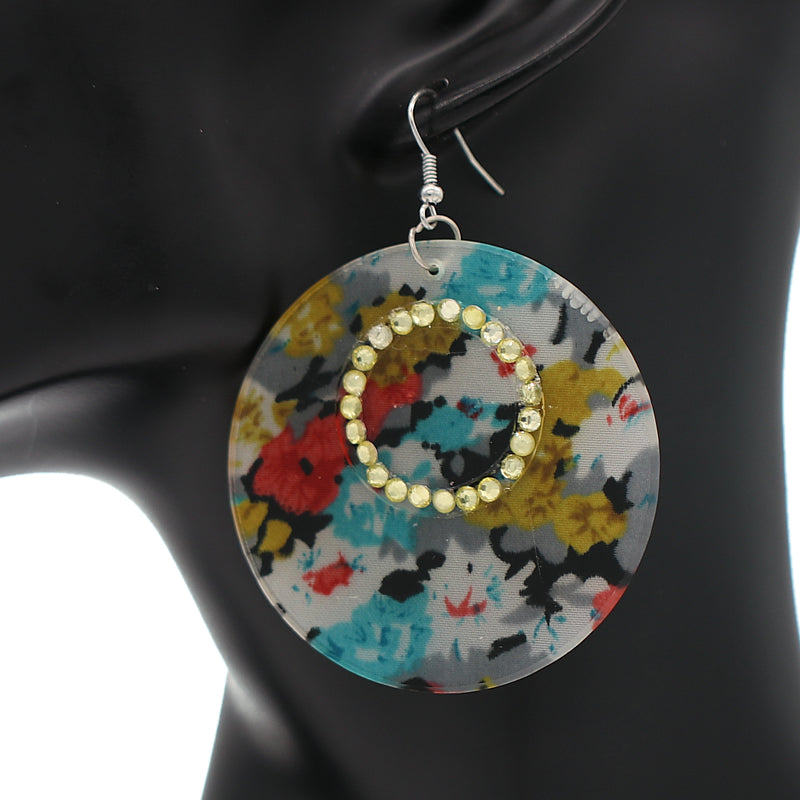 Yellow Blue Multicolor Floral Pattern Thin Disk Earrings
