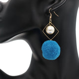 Blue Pom Pom Rhombus Shaped Dangle Earrings