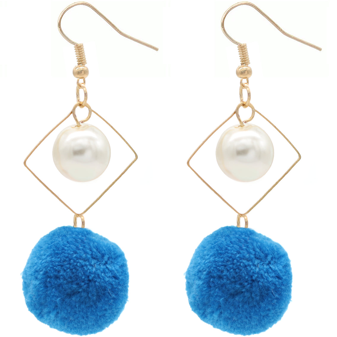 Blue Pom Pom Rhombus Shaped Dangle Earrings