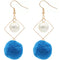 Blue Pom Pom Rhombus Shaped Dangle Earrings