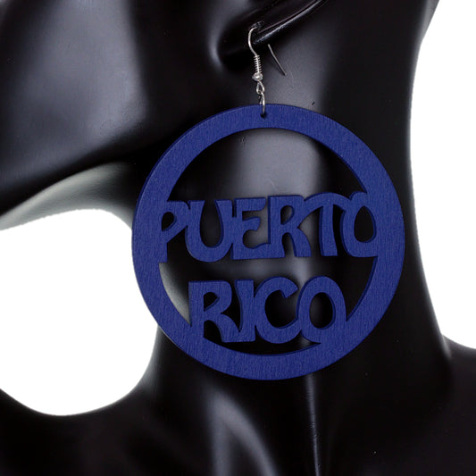 Blue Puerto Rico Word Wooden Hoop Earrings