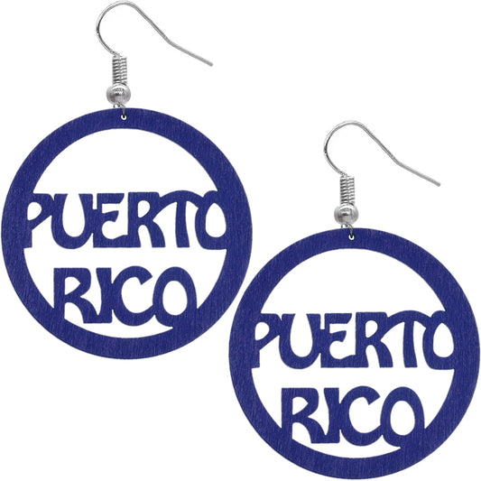 Blue Puerto Rico Word Wooden Hoop Earrings