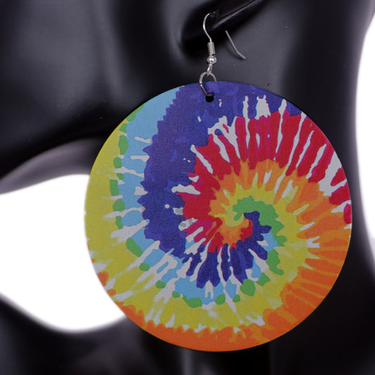 Blue Multicolor Wooden Spiral Pattern Earrings