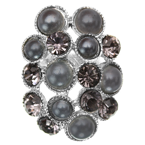 Gray Faux Pearl Rhinestone Adjustable Cluster Ring