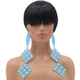 Blue Rhinestone Long Mesh Flat Earrings