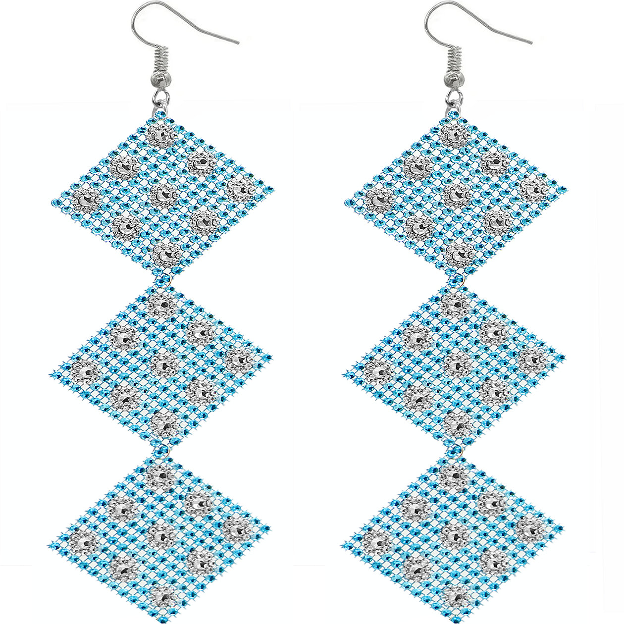 Blue Rhinestone Long Mesh Flat Earrings