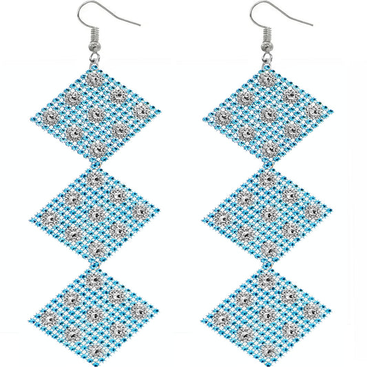 Blue Rhinestone Long Mesh Flat Earrings