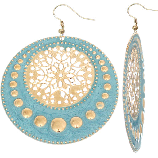 Blue Centered Floral Filigree Dangle Earrings