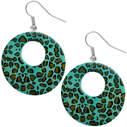 Blue Round Wooden Cheetah Earrings