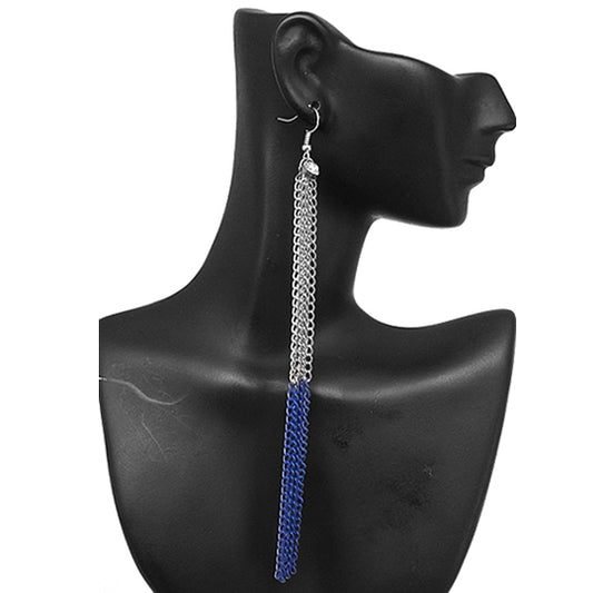 Blue Silver Long Drop Chain Dangle Earrings