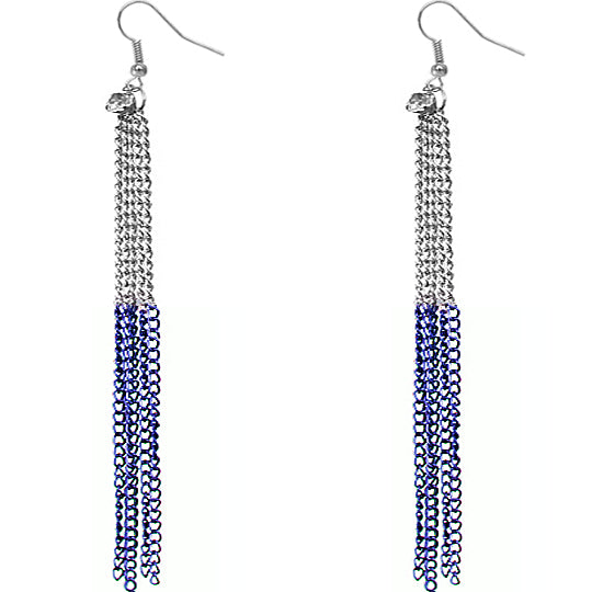 Blue Silver Long Drop Chain Dangle Earrings