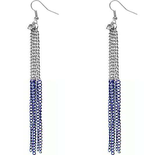 Blue Silver Long Drop Chain Dangle Earrings