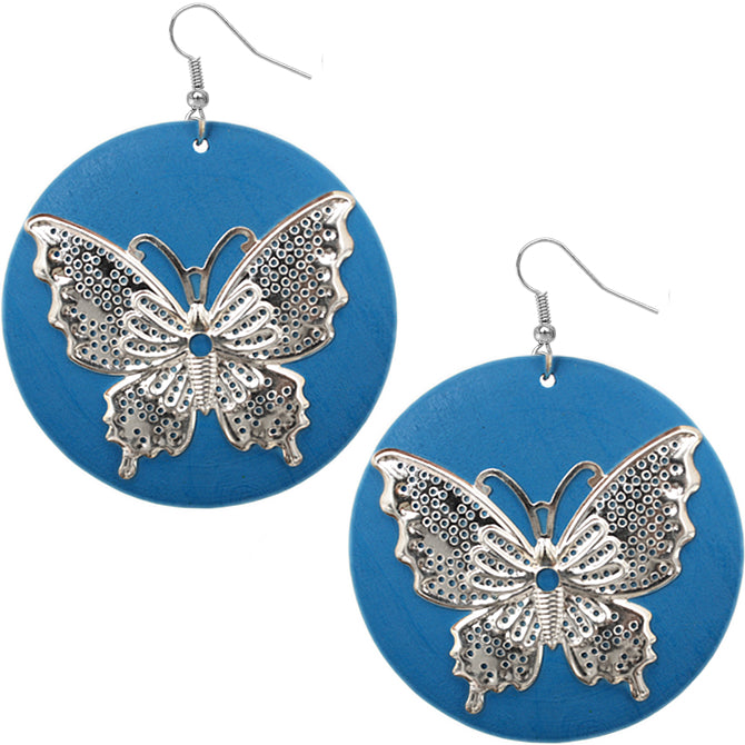 Blue Silver Wooden Butterfly Dangle Earrings