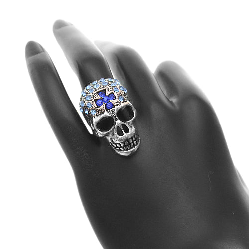 Blue Rhinestone Skull Cross Adjustable Ring