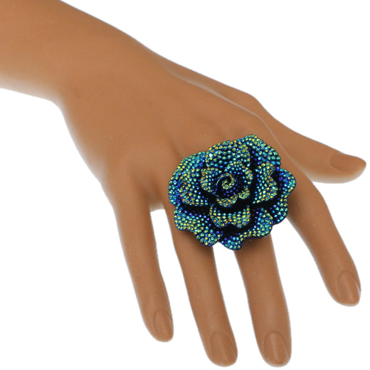 Blue Green Large Sparkle Flower Stretch Ring