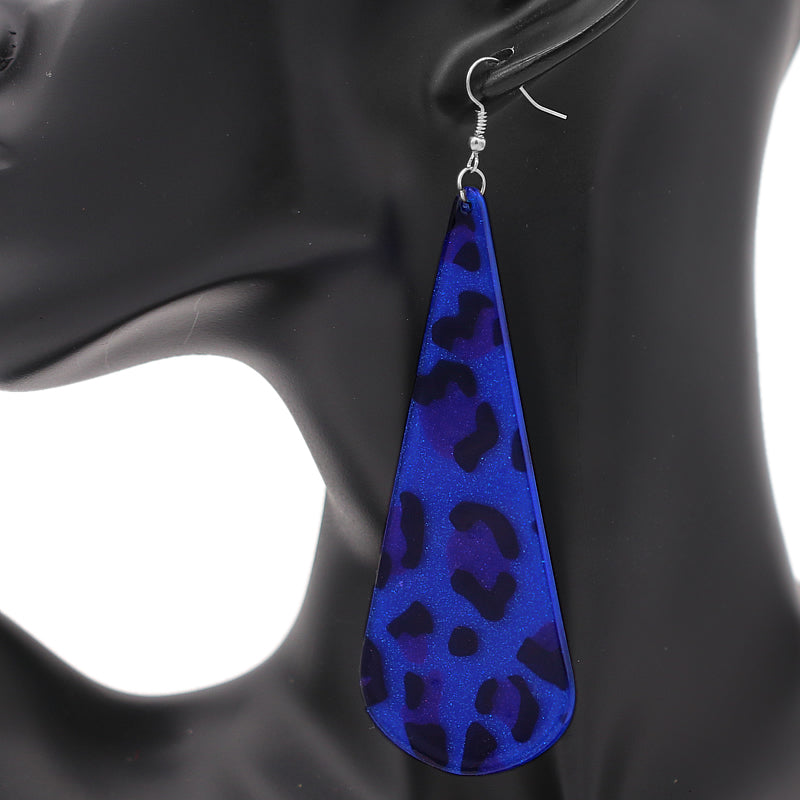 Blue Leopard Print Long Teardrop Acrylic Earrings