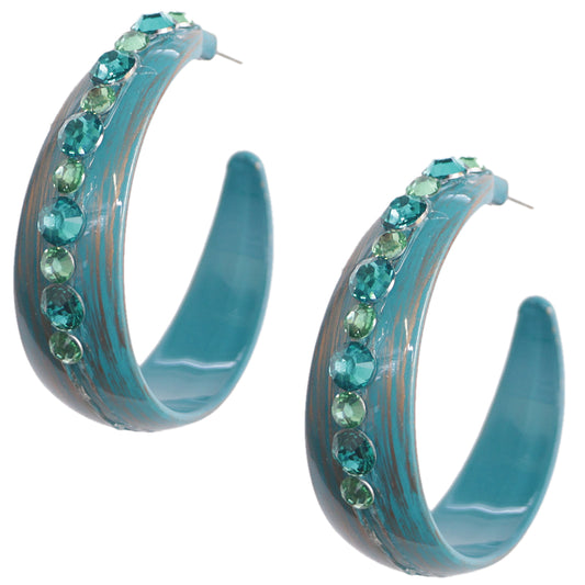 Blue Bedazzled Rhinestone Hoop Earrings