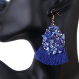 Blue Beaded Teardrop Tassel Earrings