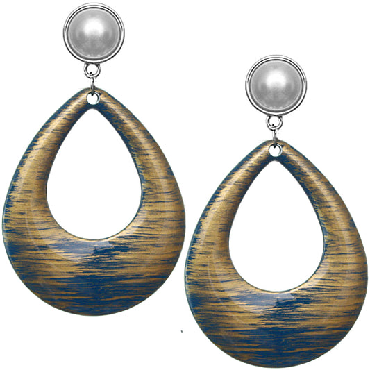 Blue Teardrop Brush Textured Clip-On Earrings