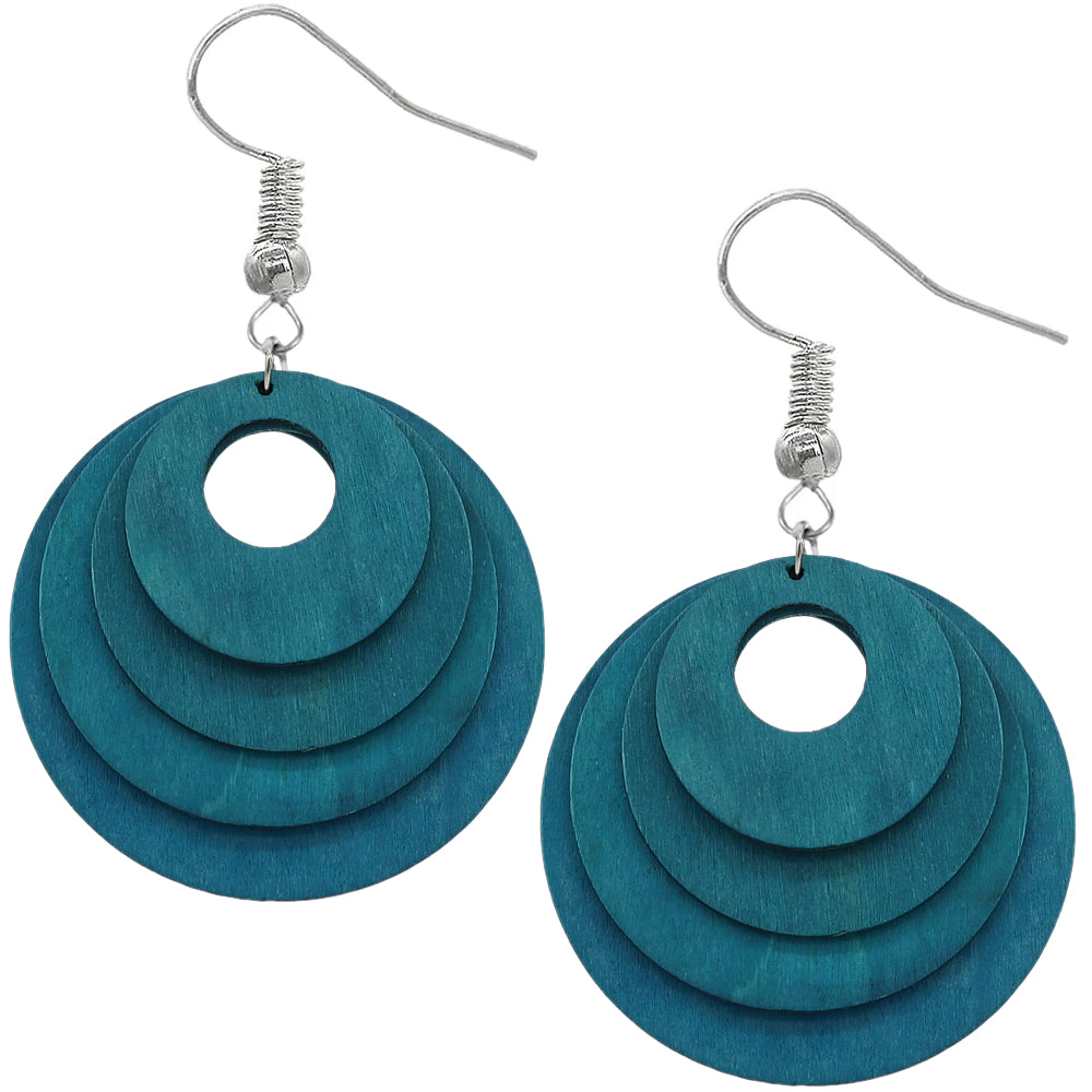 Blue Layered Wooden Dangle Earrings