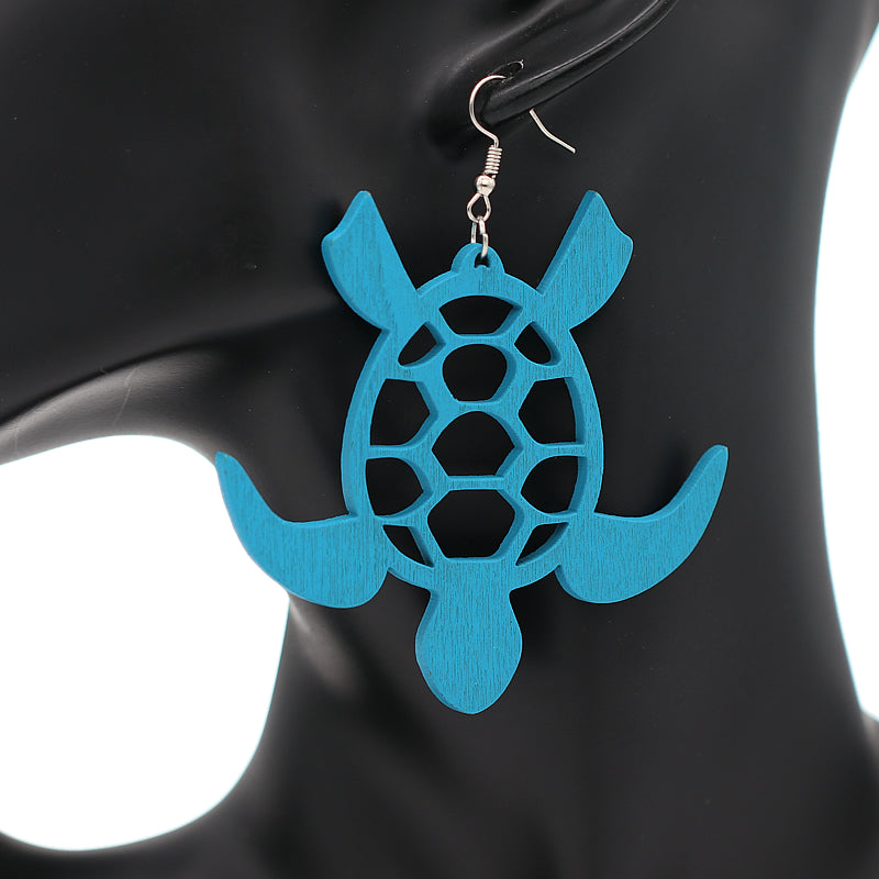 Blue Sea Turtle Wooden Earrings