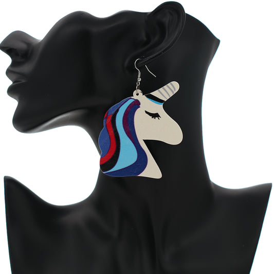 Blue Unicorn Rainbow Hair Wooden Earrings