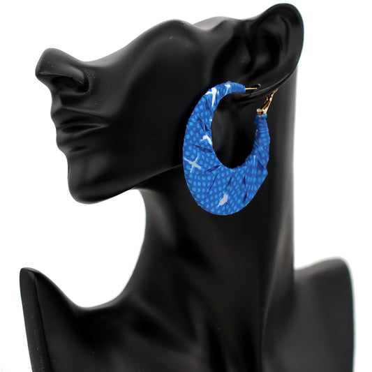 Blue Polka Dot Fabric Wrapped Hoop Earrings