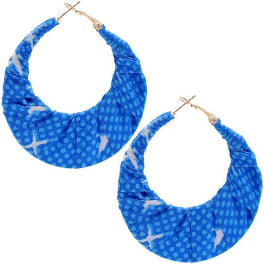 Blue Polka Dot Fabric Wrapped Hoop Earrings