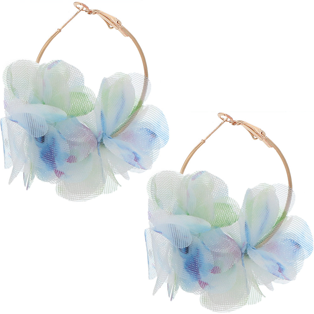 Blue White Floral Tulle Mini Hoop Earrings