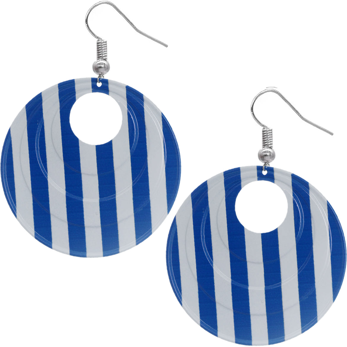 Blue White Striped Keyhole Dangle Earrings