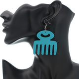 Blue Afro Pick Wooden Dangle Earrings