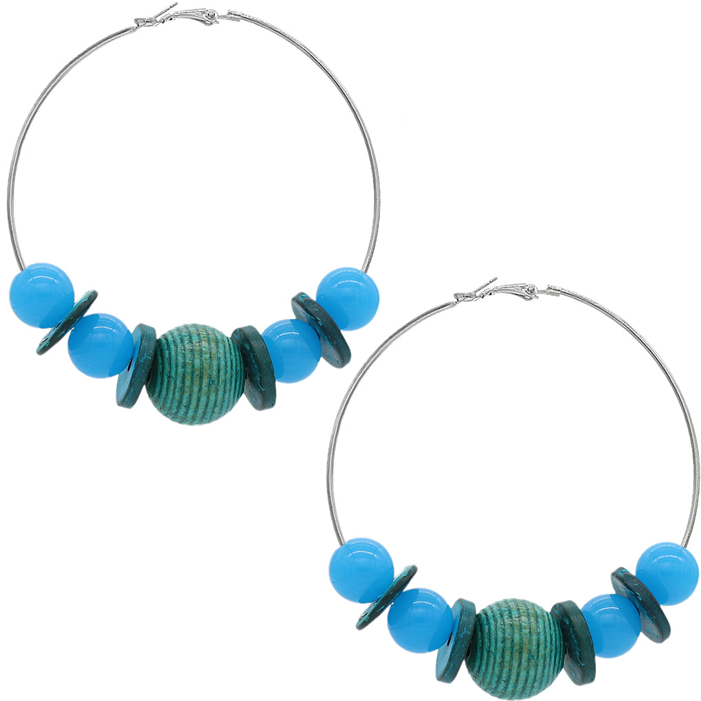 Blue Large Beaded Hoop Earrings
