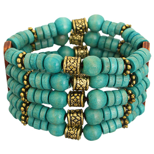 Teal Blue Wooden Beaded Stretch Bracelet