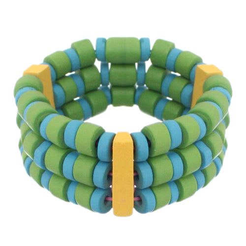 Blue Green Wooden Beaded Stretch Bracelet