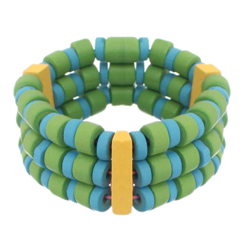 Blue Green Wooden Beaded Stretch Bracelet