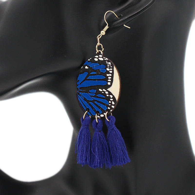 Blue Butterfly Tassel Wooden Dangle Earrings