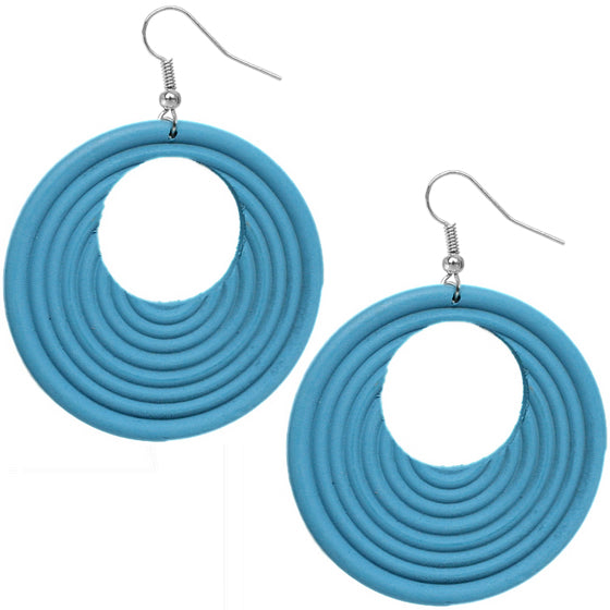 Blue Wooden Circular Roll Texture Dangle Earrings