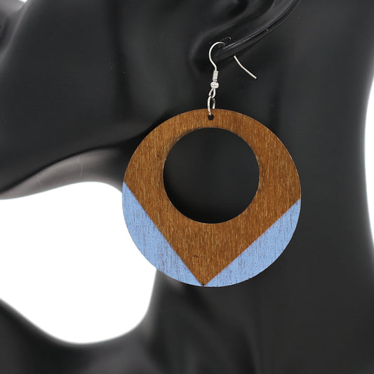 Blue Round Trim Wooden Dangle Earrings